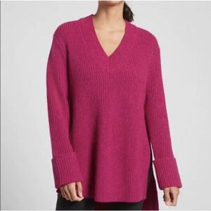 Women's ATHLETA Shasta V-Neck Chunky Wool Blend Sweater Pink Side Slit Size XXS